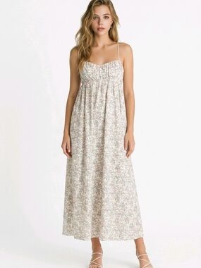 Altar'd State Floral Spaghetti Strap Maxi Dress in Cream with Pink & Green